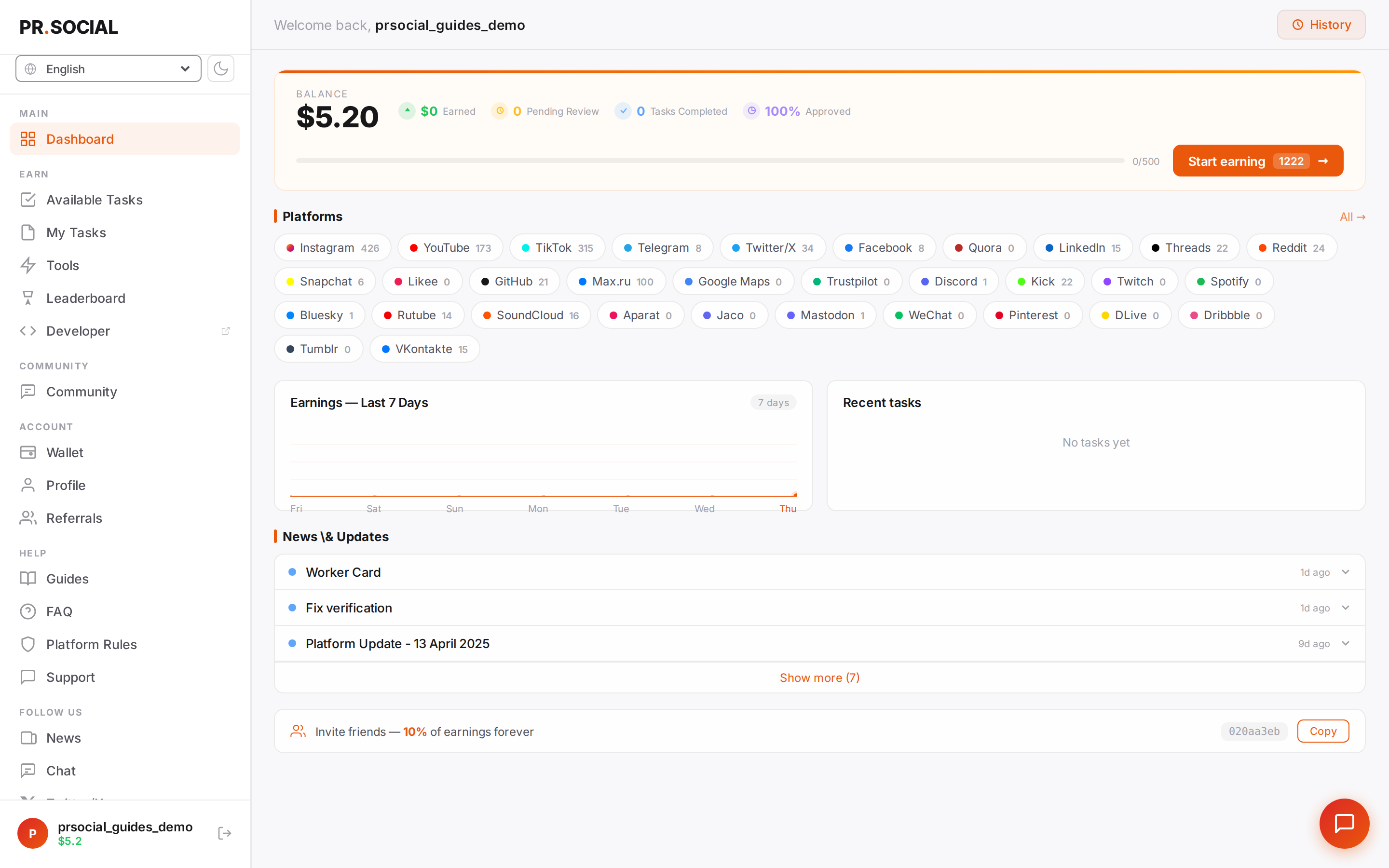 Dashboard after sign-in