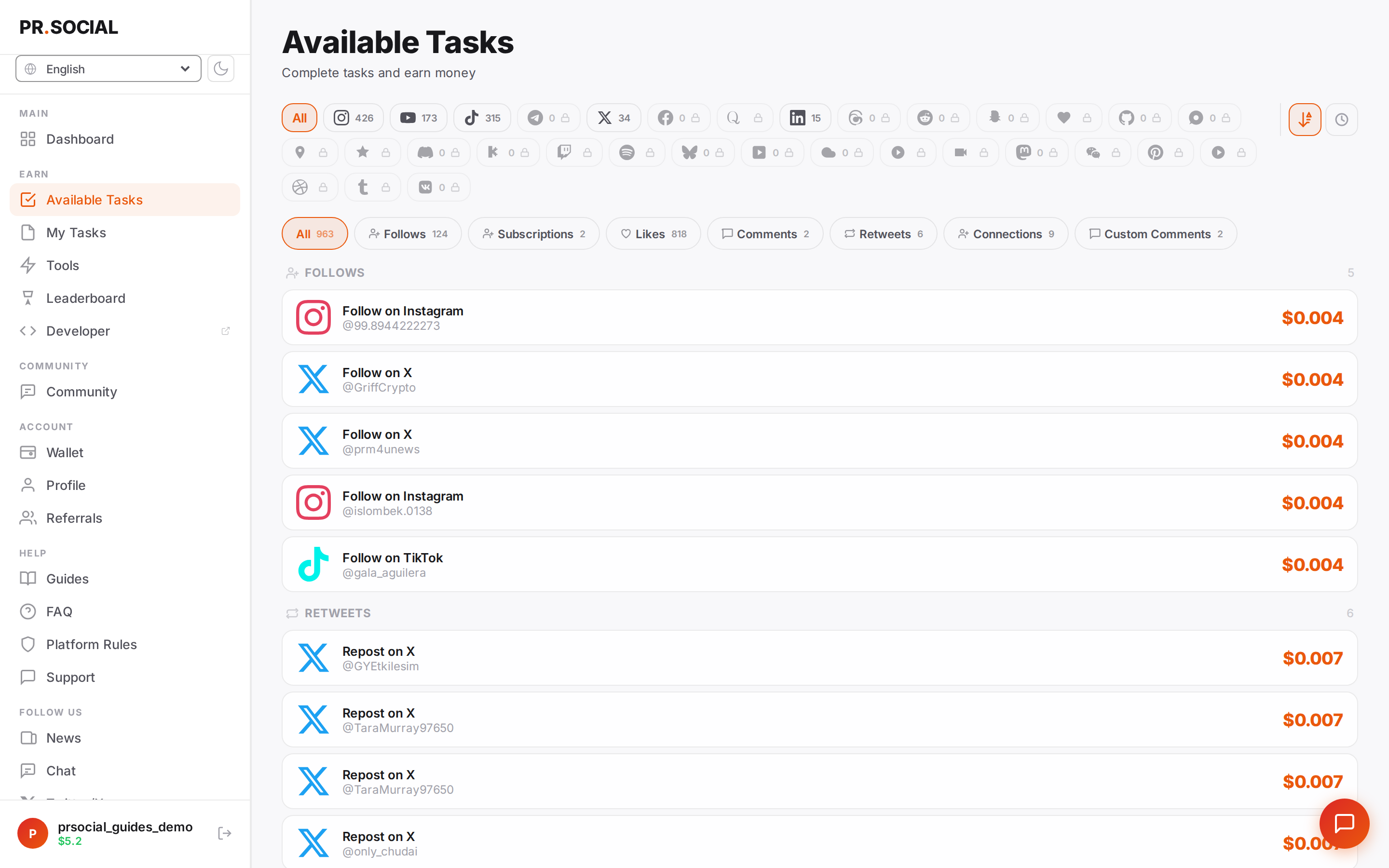 Available tasks feed