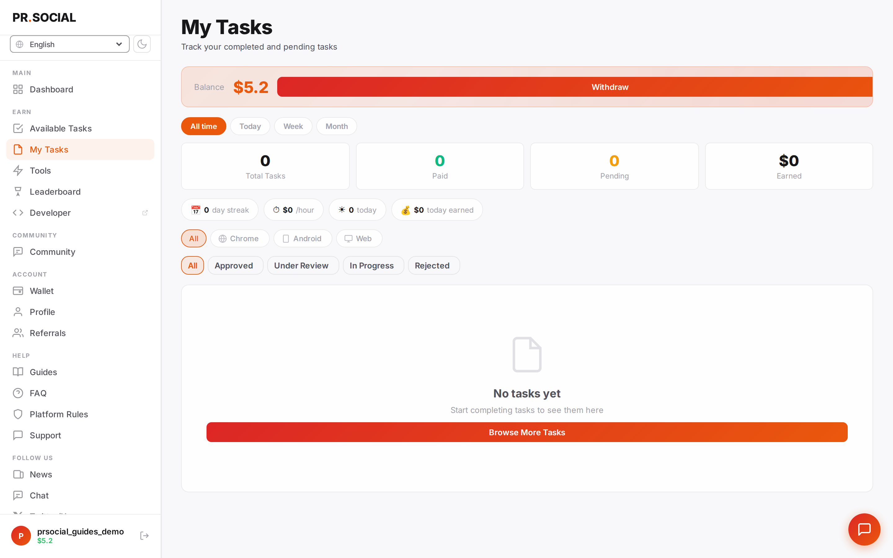 My Tasks page — history and stats