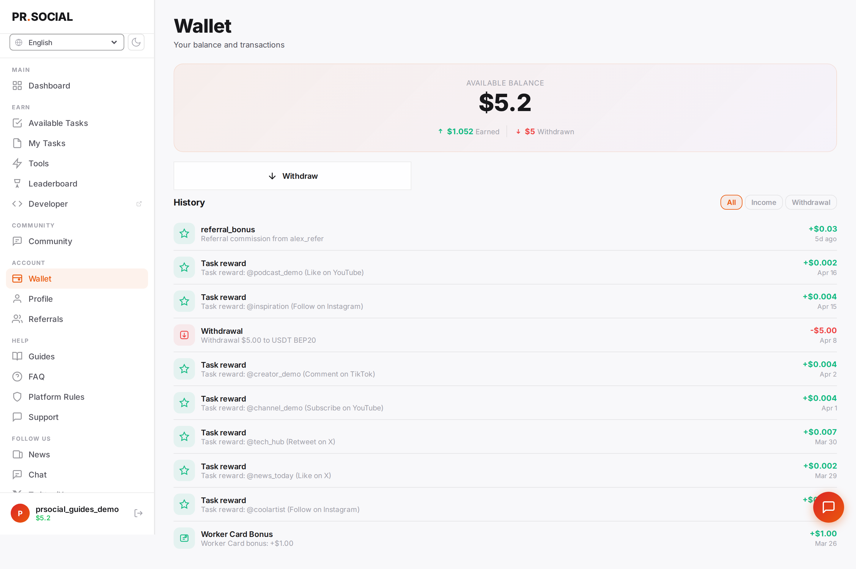 Wallet page with balance and transactions