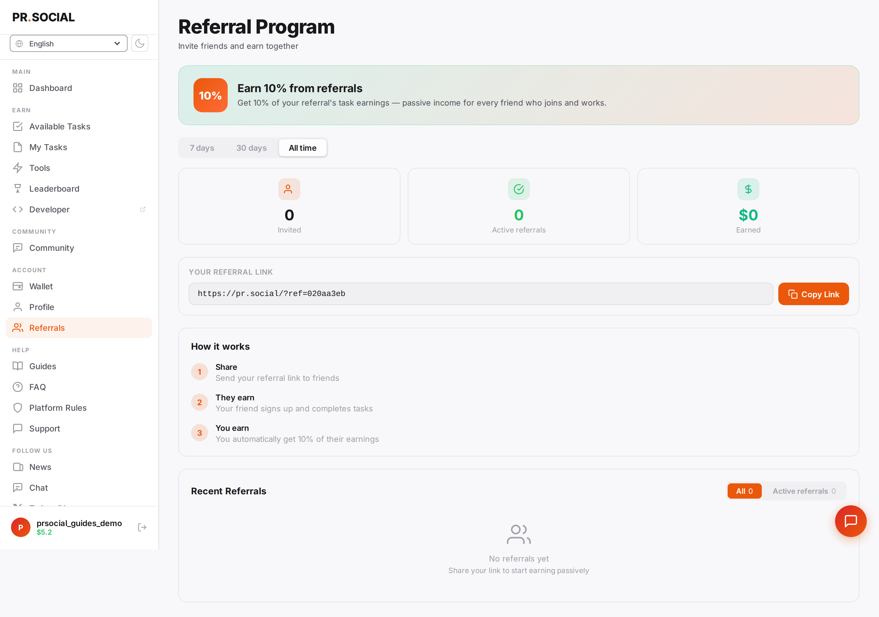 Referrals page with link and stats