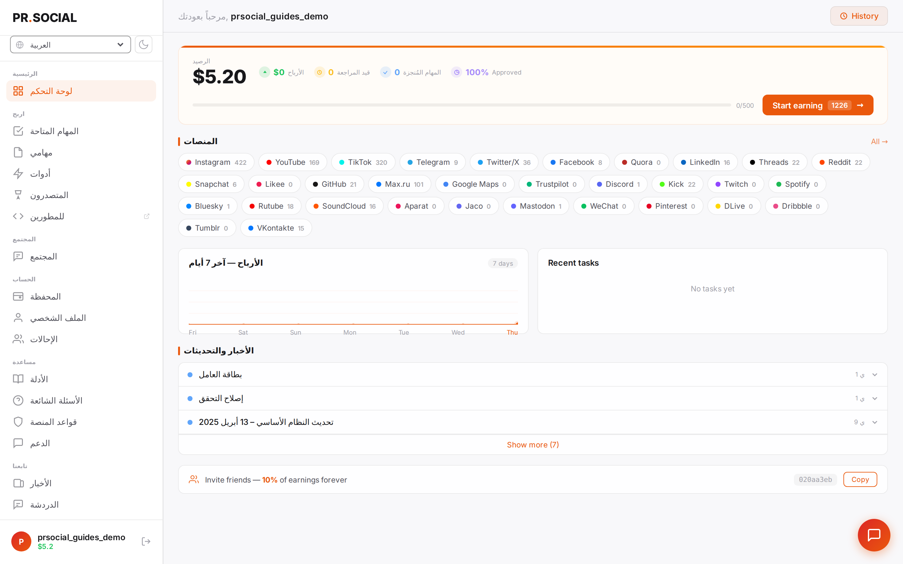 لوحة التحكم بعد الدخول