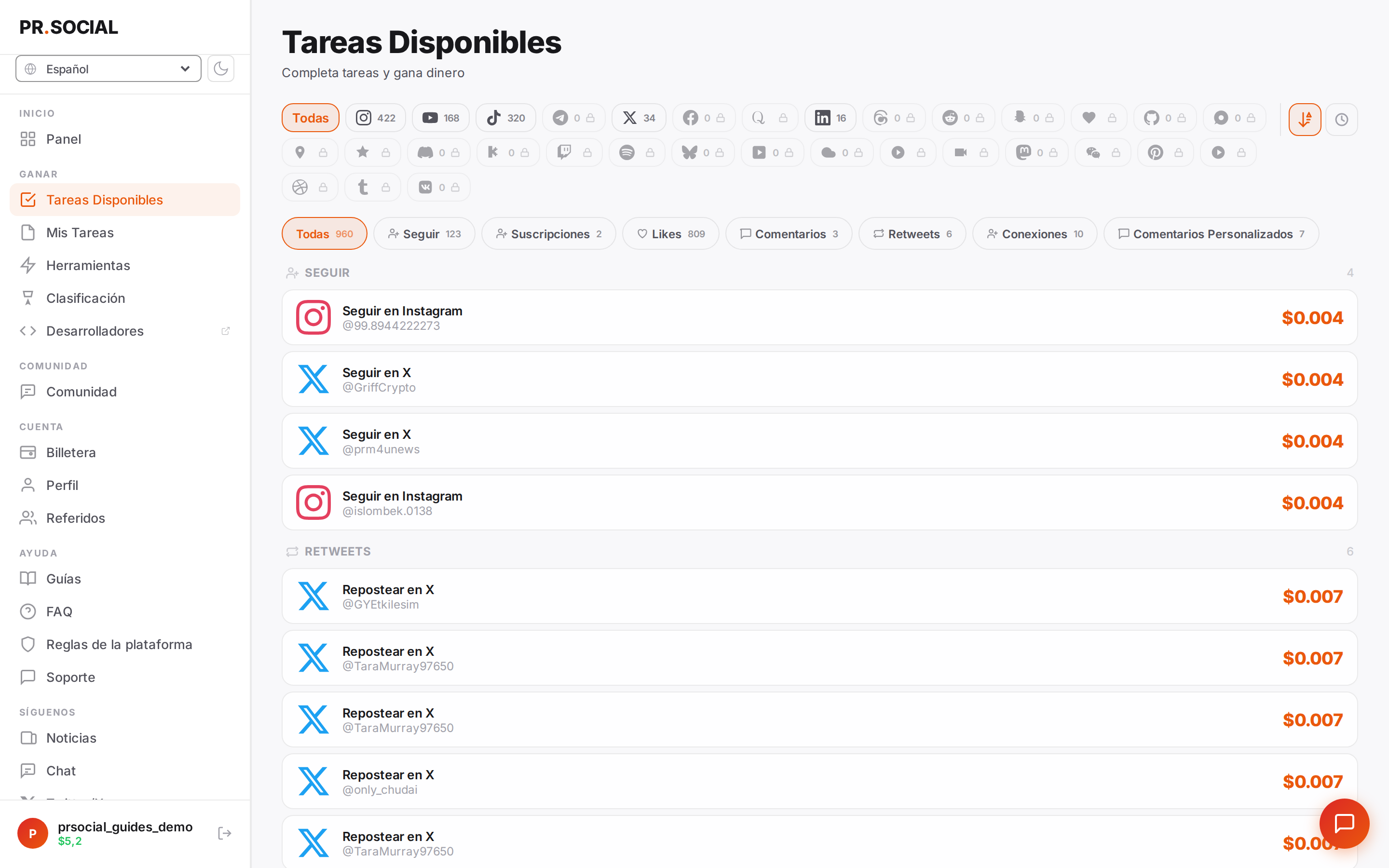 Feed de tareas disponibles