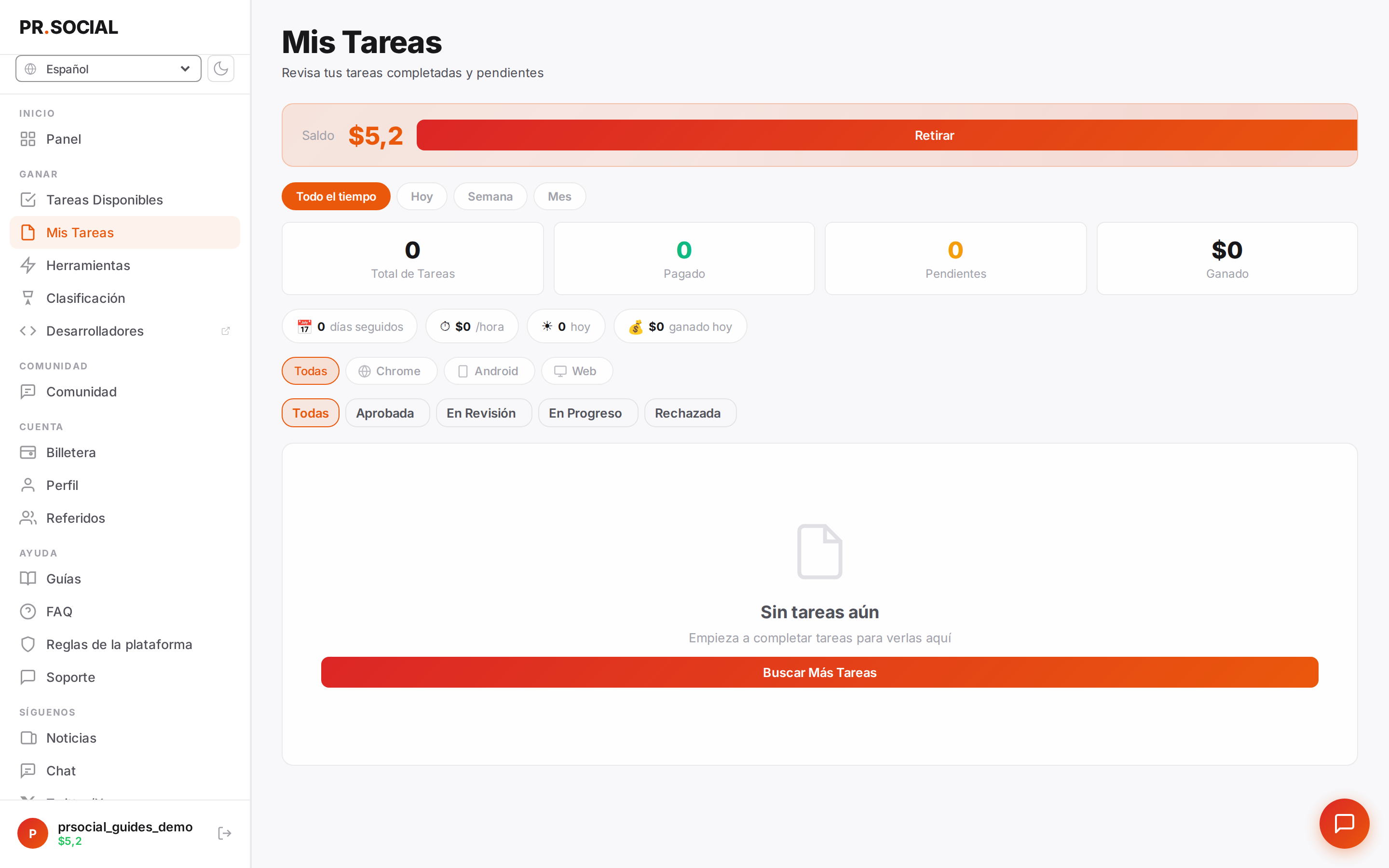Página Mis tareas — historial y estadísticas