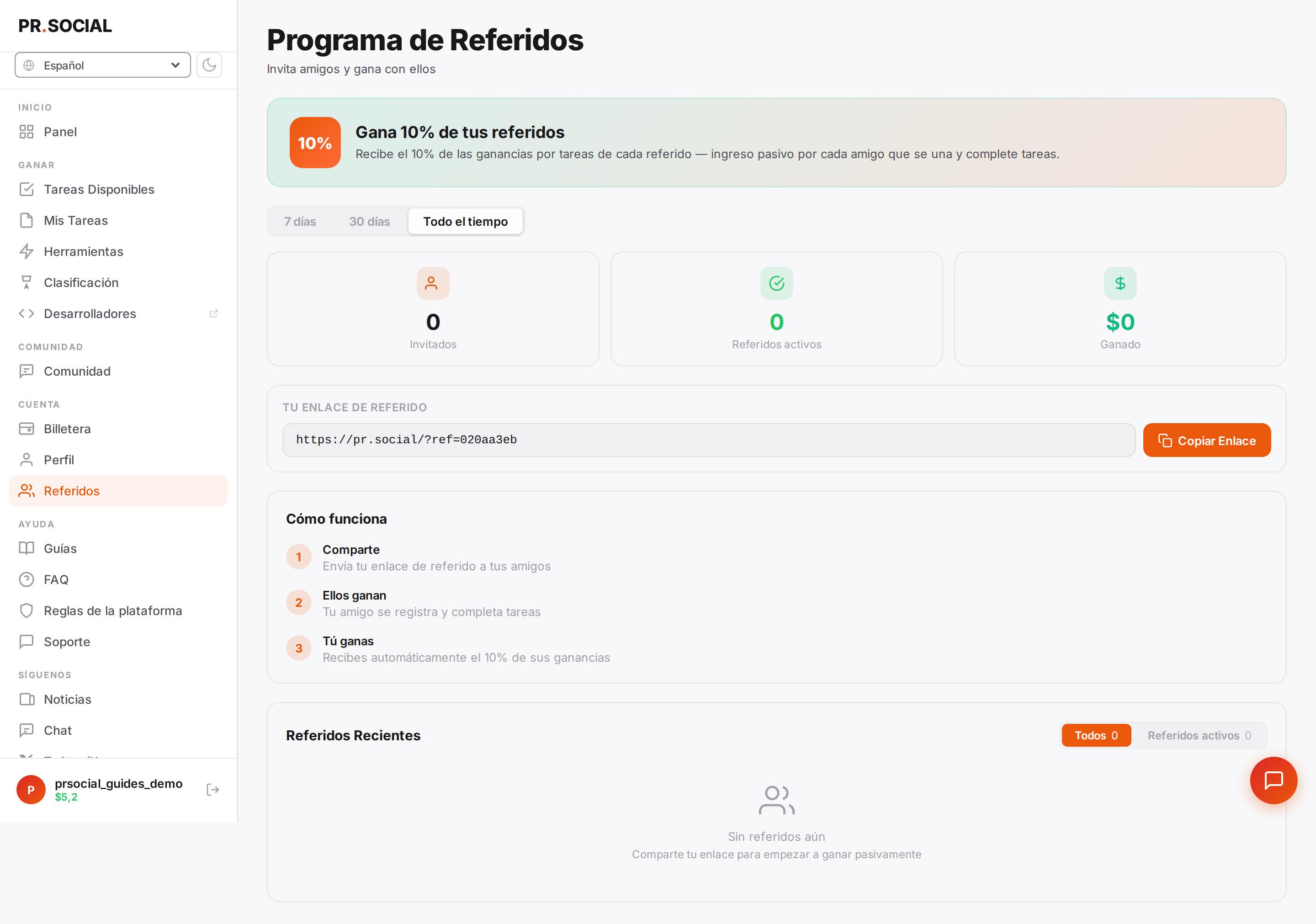 Página Referidos con enlace y estadísticas