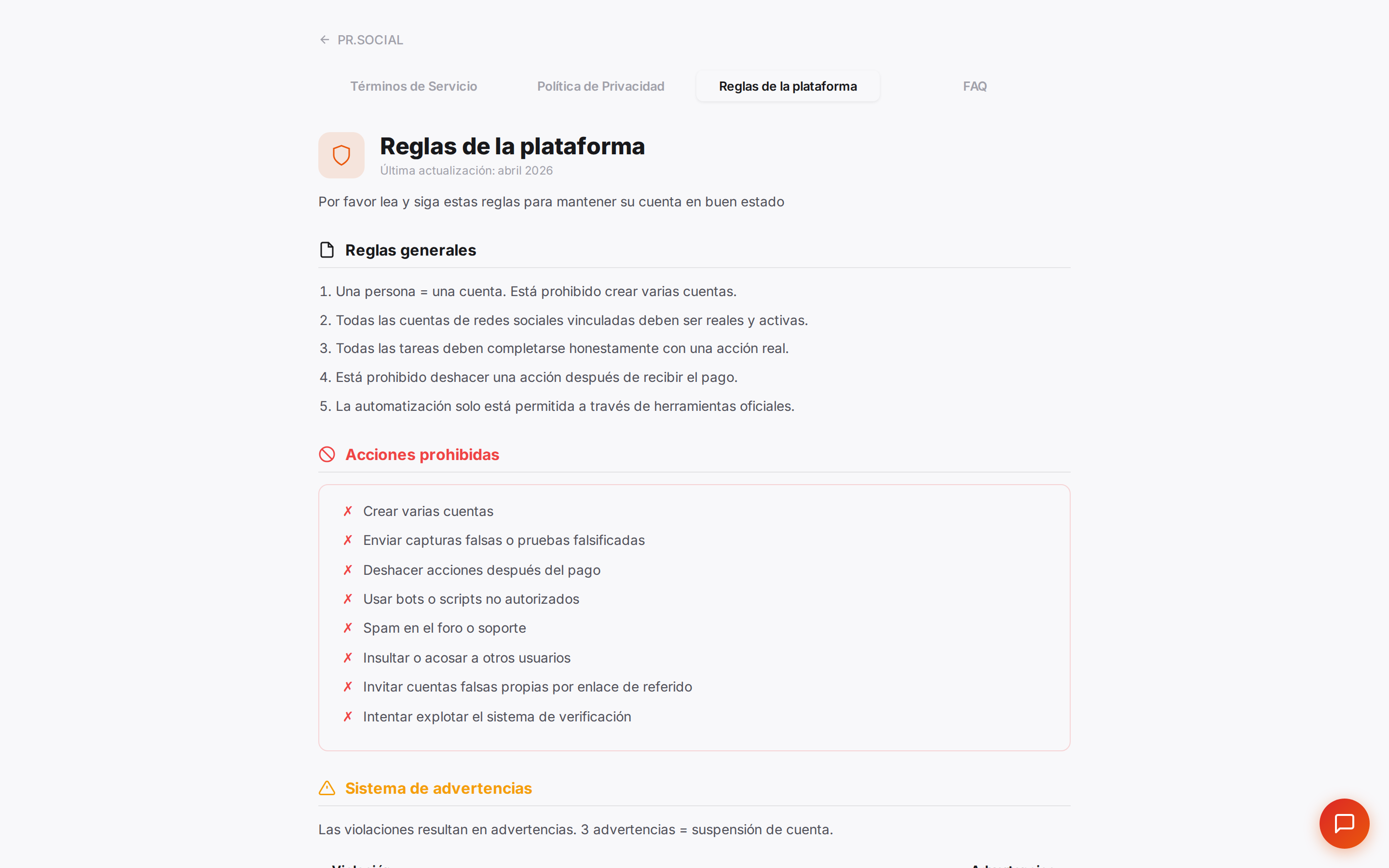 Página Reglas de la plataforma