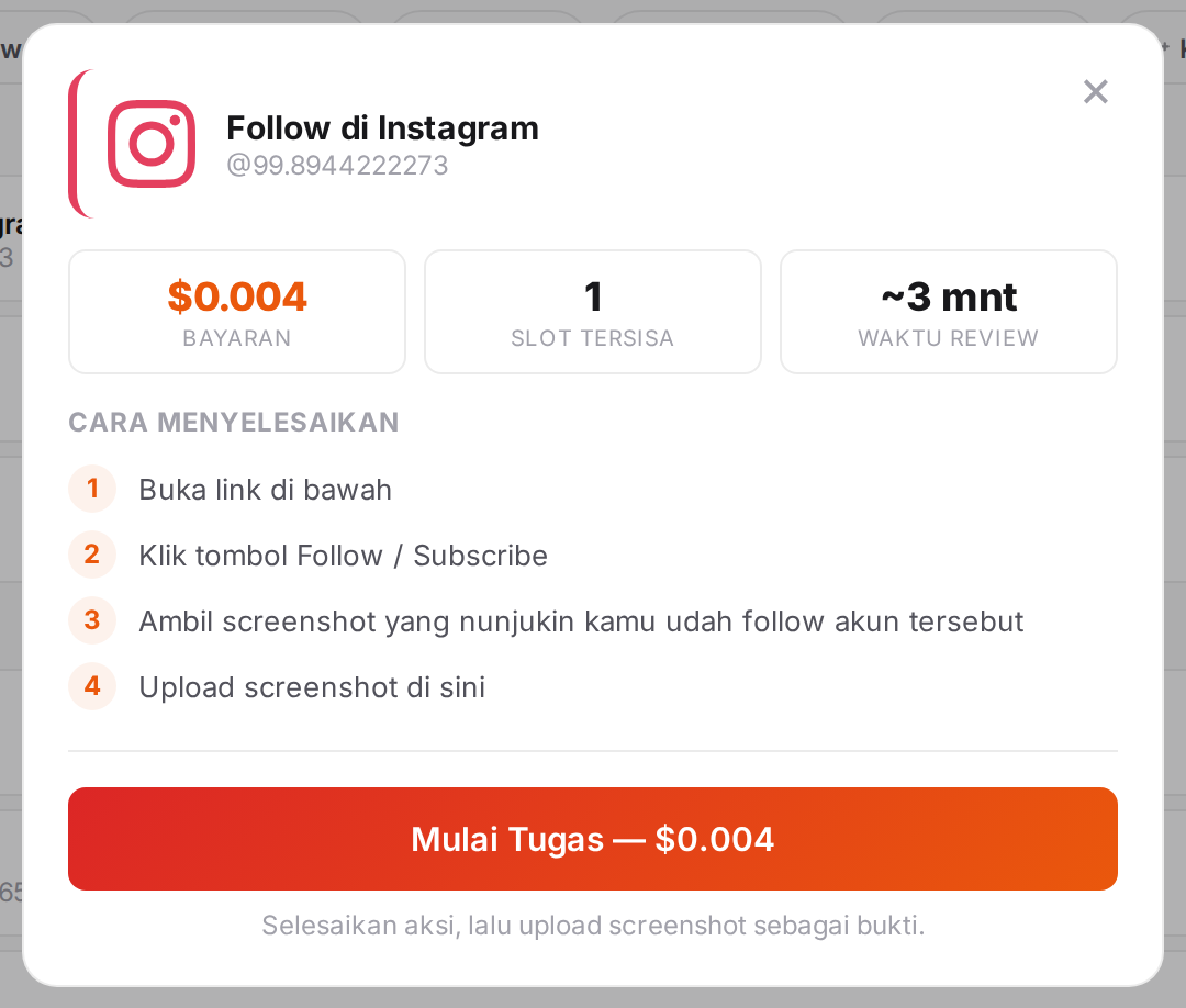 Jendela tugas dengan imbalan, instruksi, dan tautan