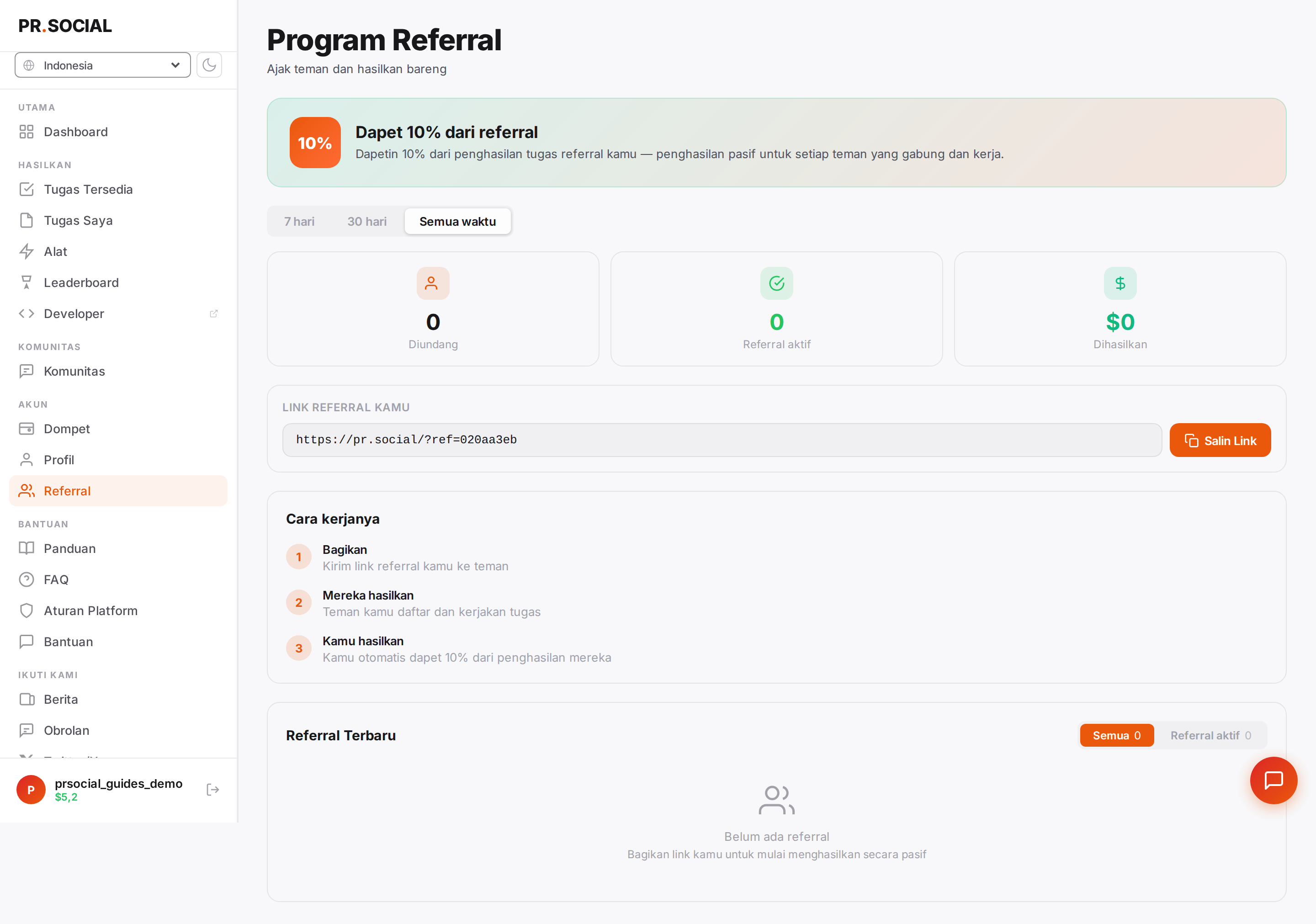 Halaman Referral dengan tautan dan statistik