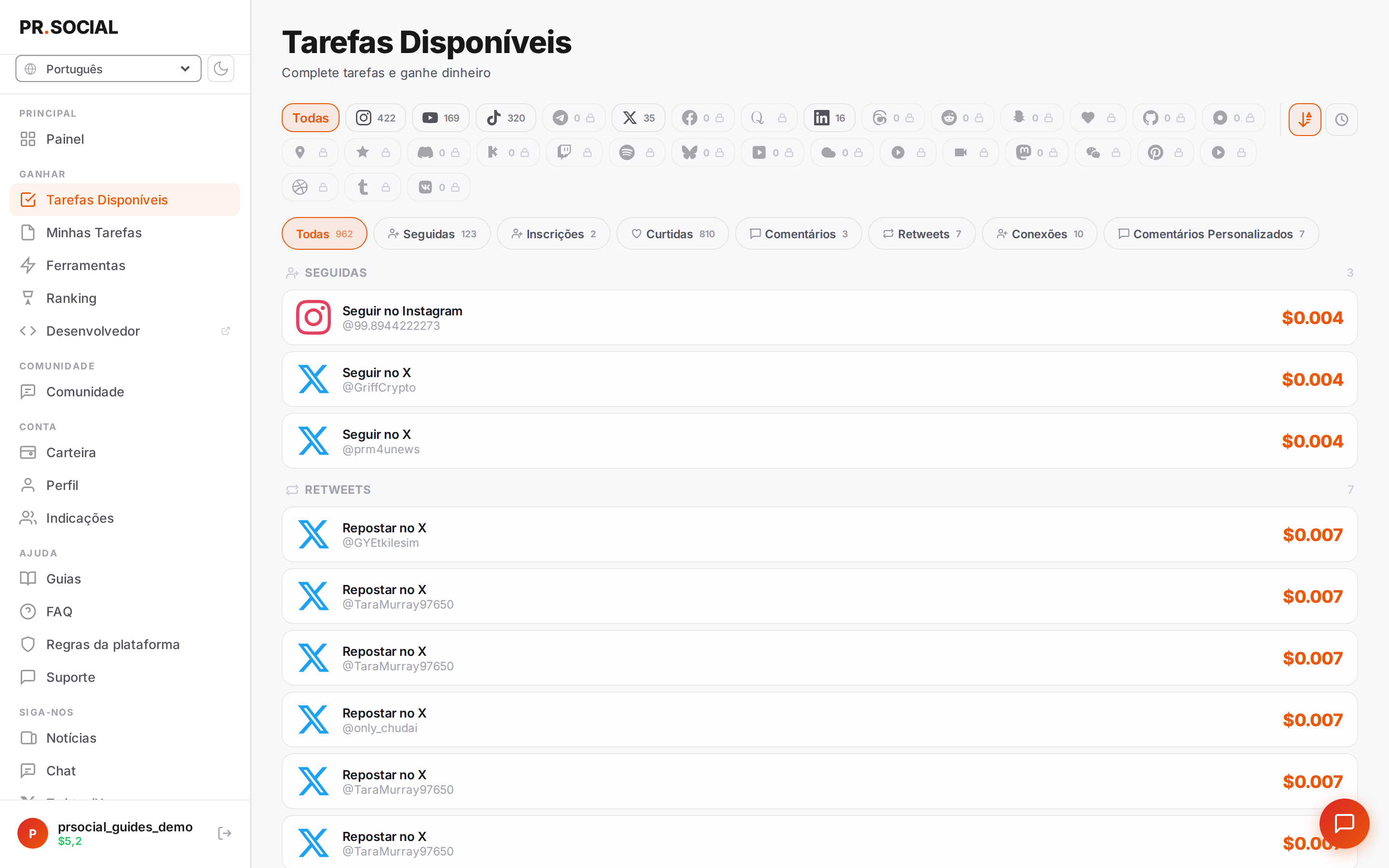 Feed de tarefas disponíveis