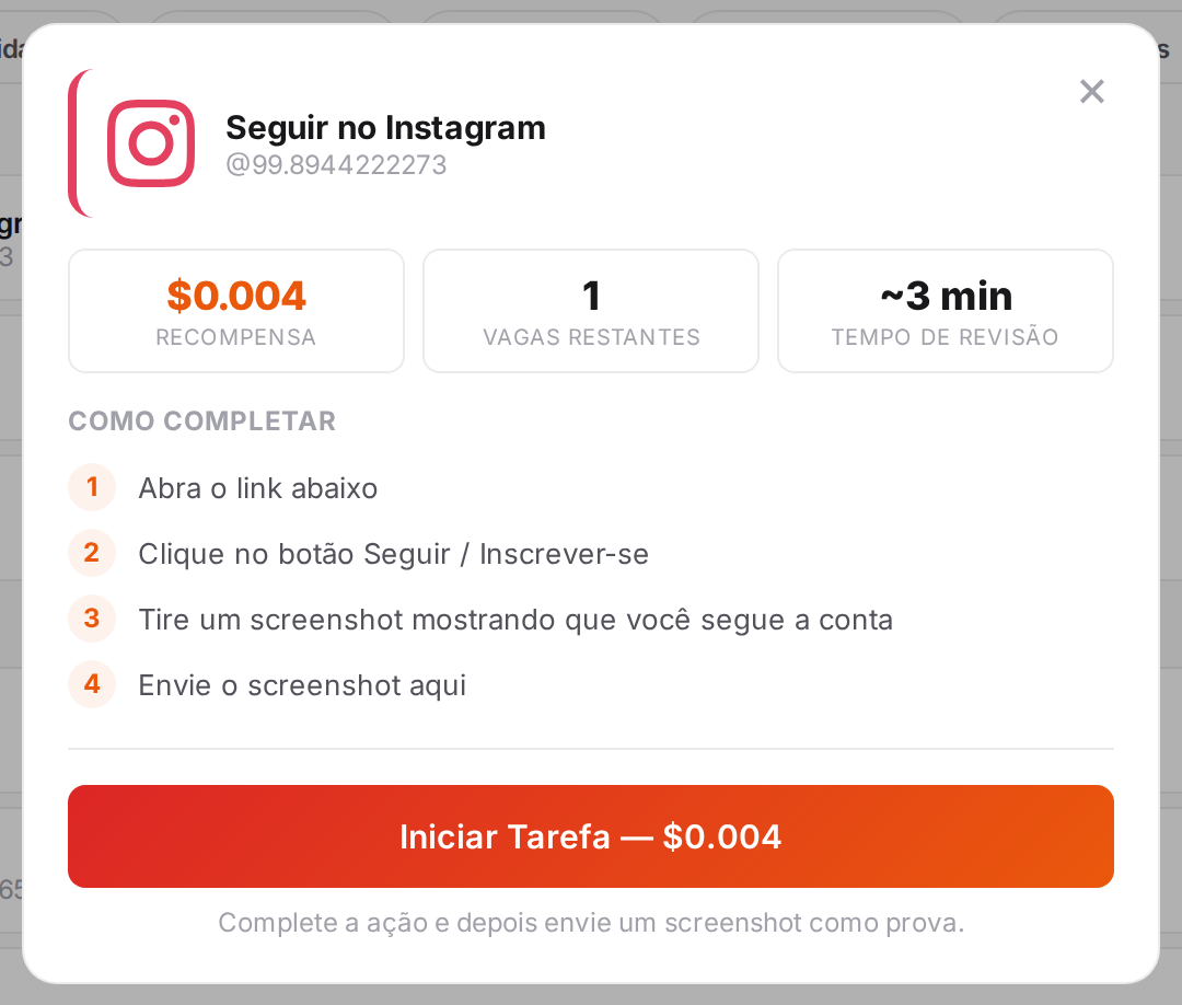 Janela de tarefa com recompensa, instruções e link