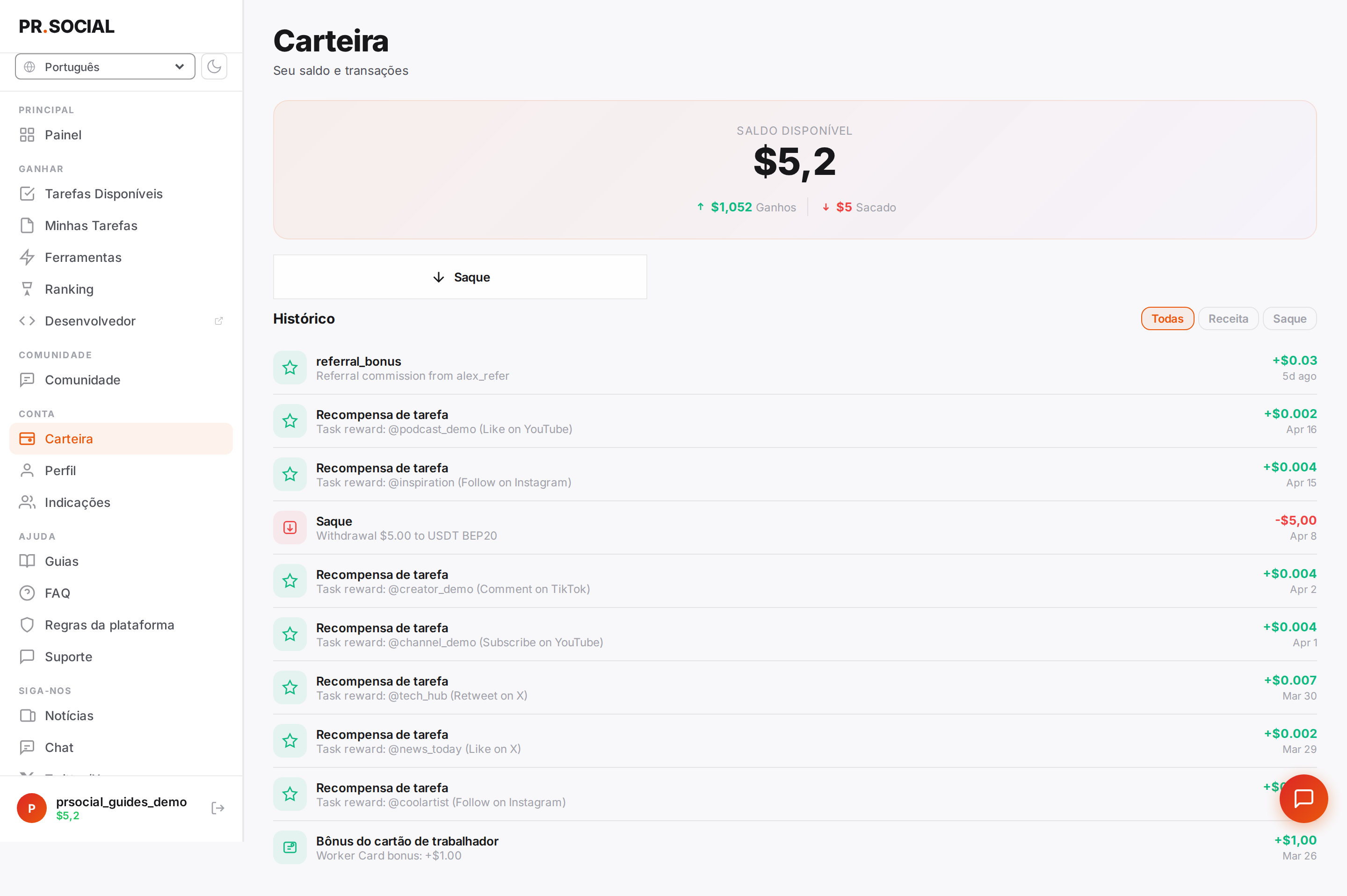 Página Carteira com saldo e transações