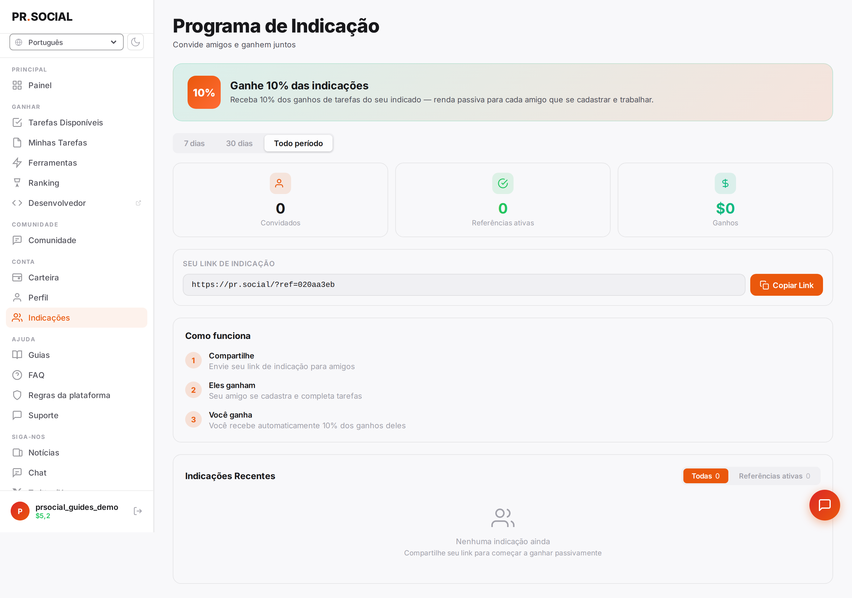 Página Indicações com link e estatísticas