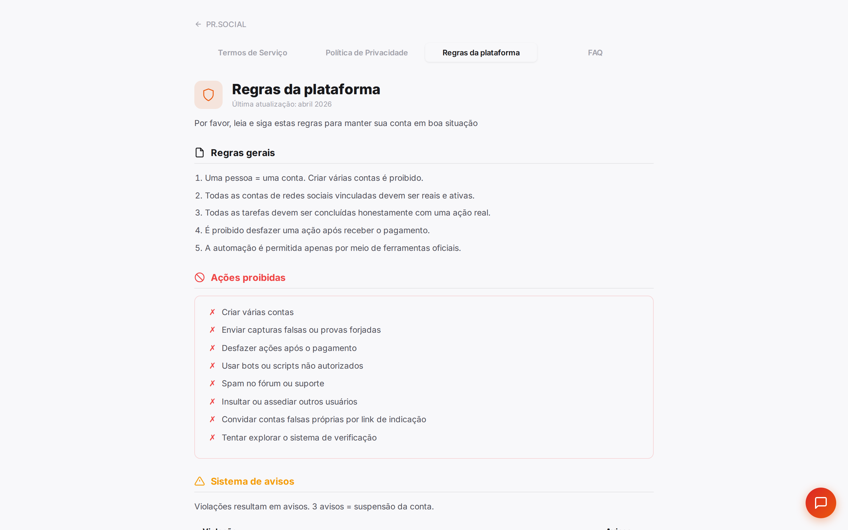 Página Regras da plataforma
