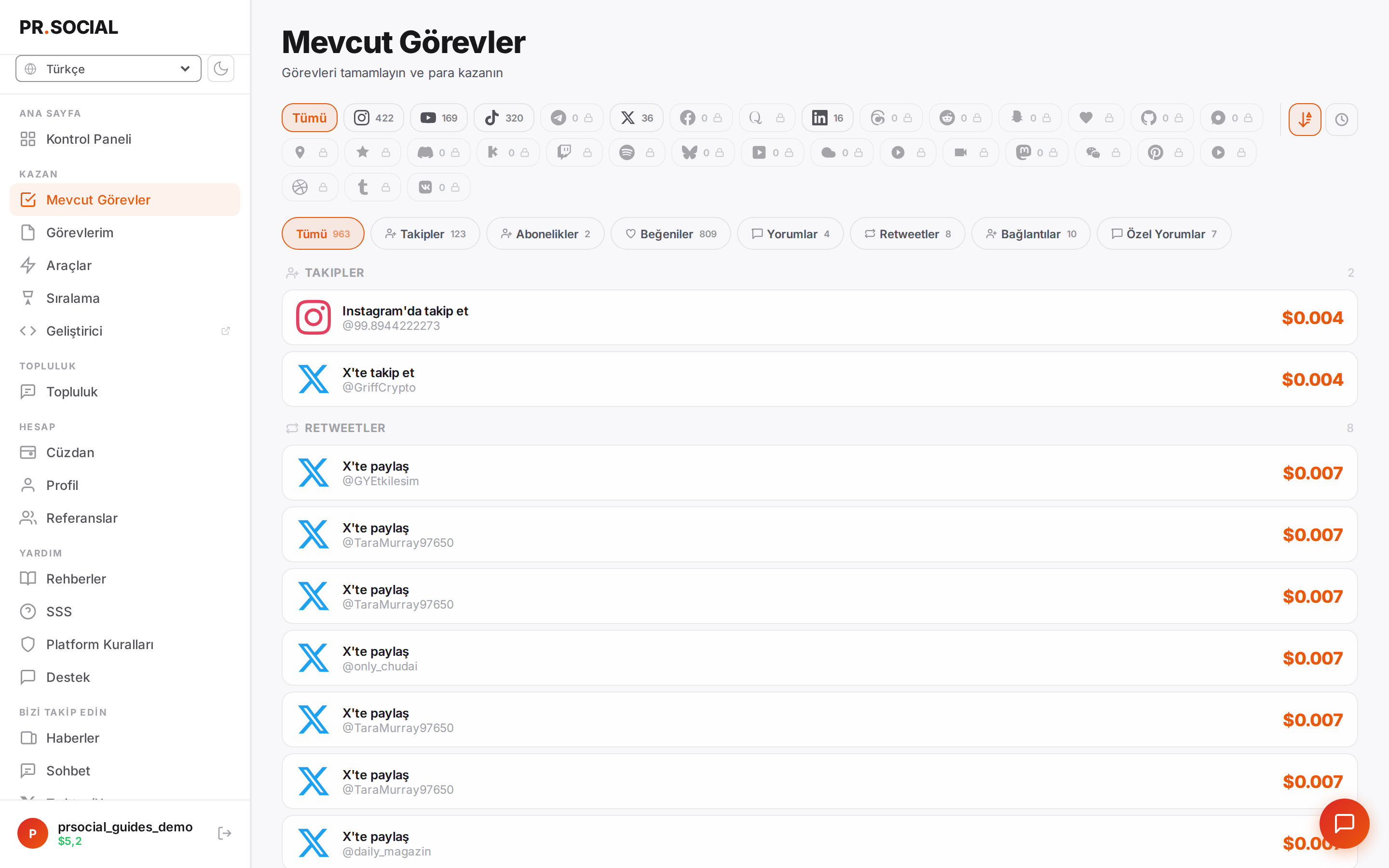 Mevcut görevler akışı