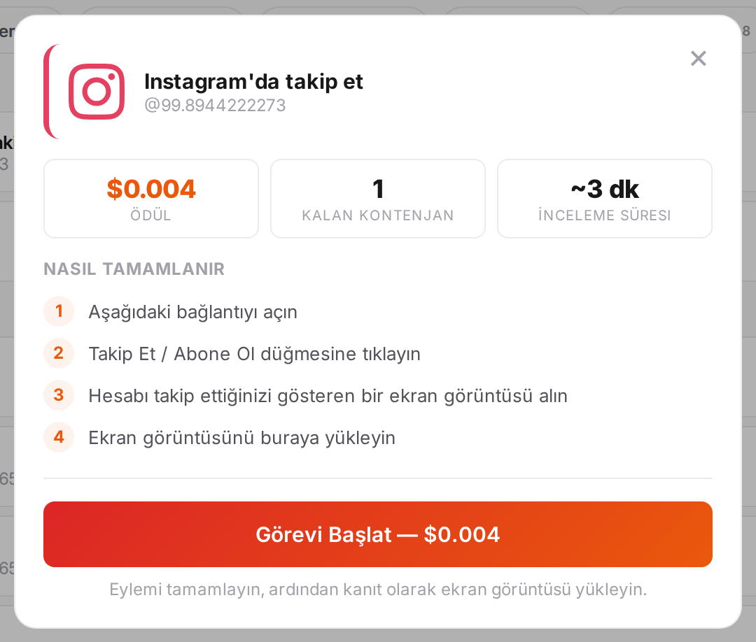 Ödül, talimatlar ve bağlantıyla görev penceresi