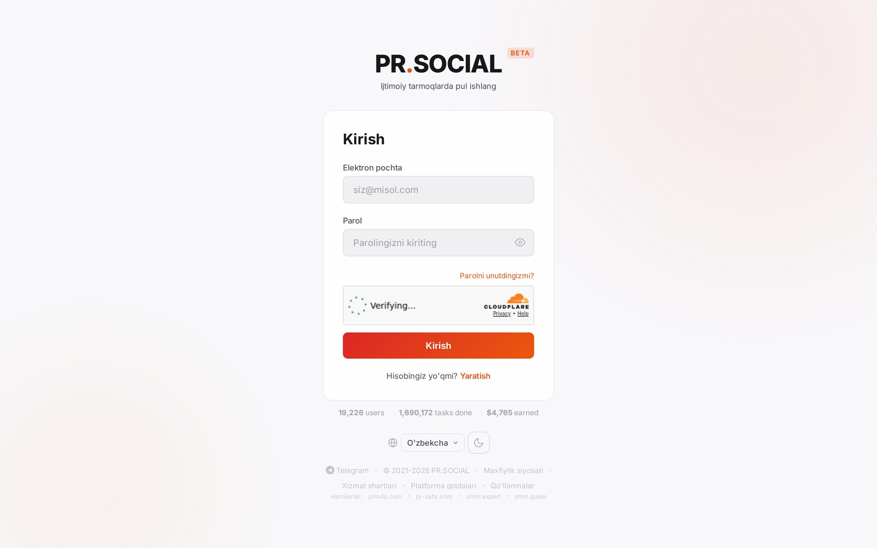 PR.SOCIAL bosh sahifasi