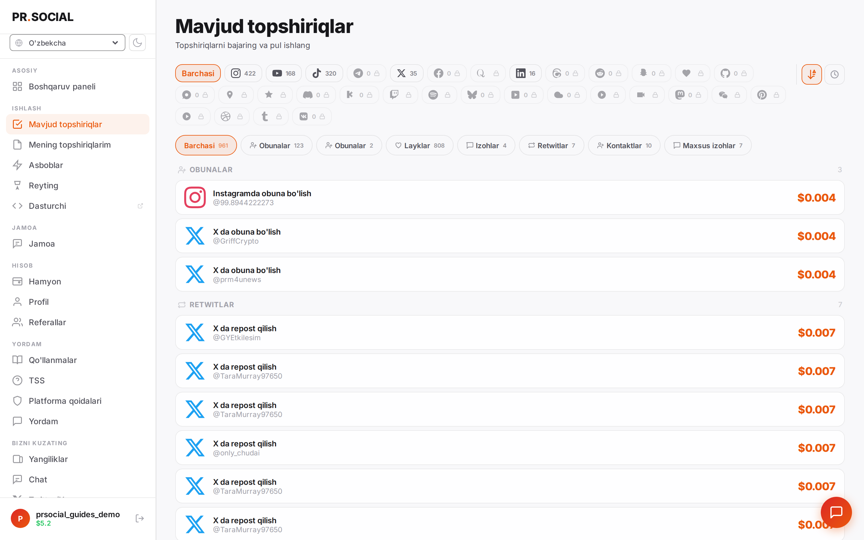 Mavjud vazifalar tasmasi