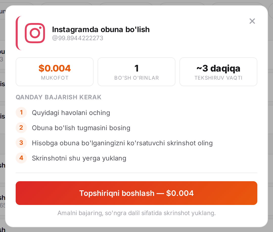 Mukofot, ko'rsatmalar va havola bilan vazifa oynasi
