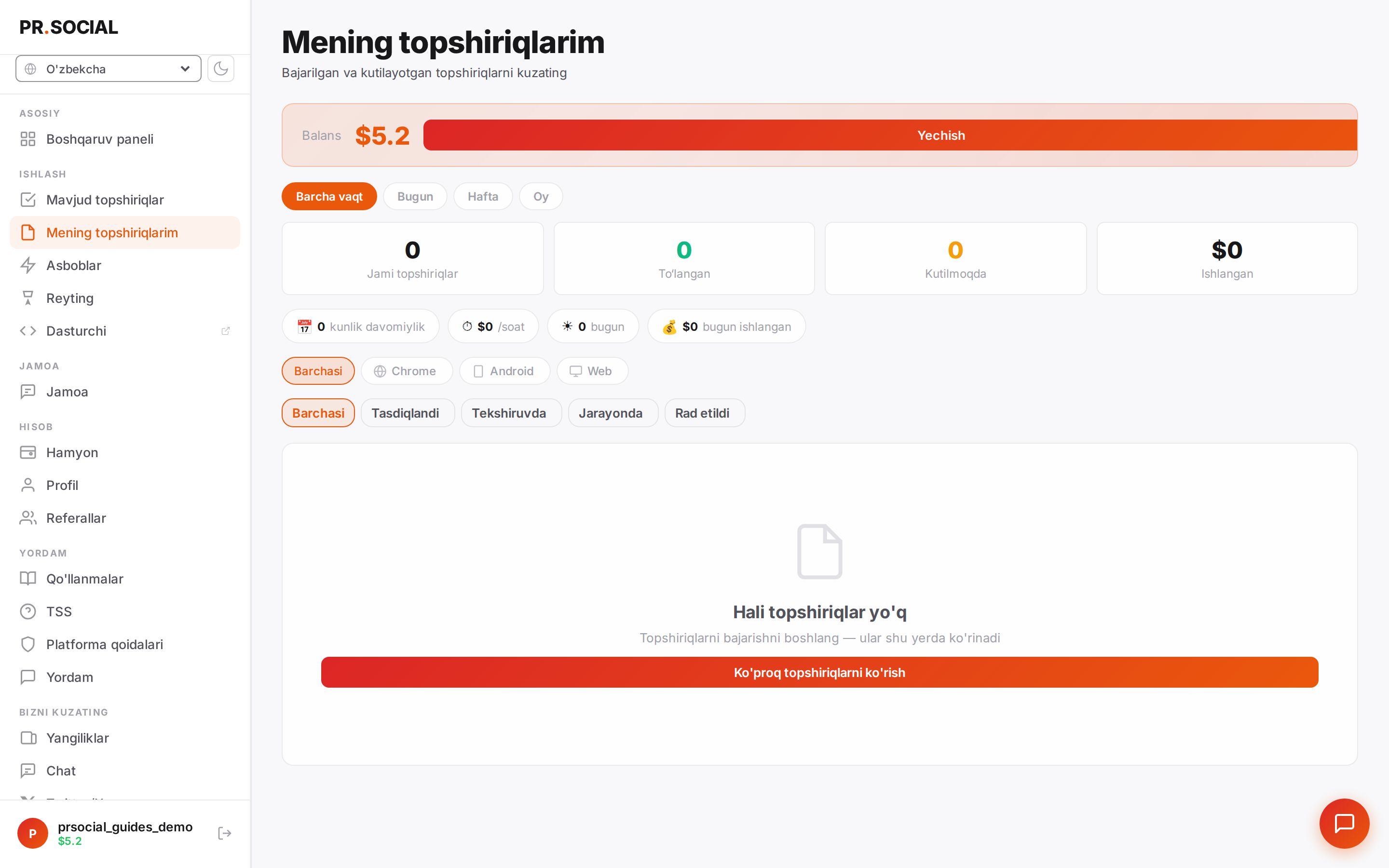 Mening vazifalarim sahifasi — tarix va statistika
